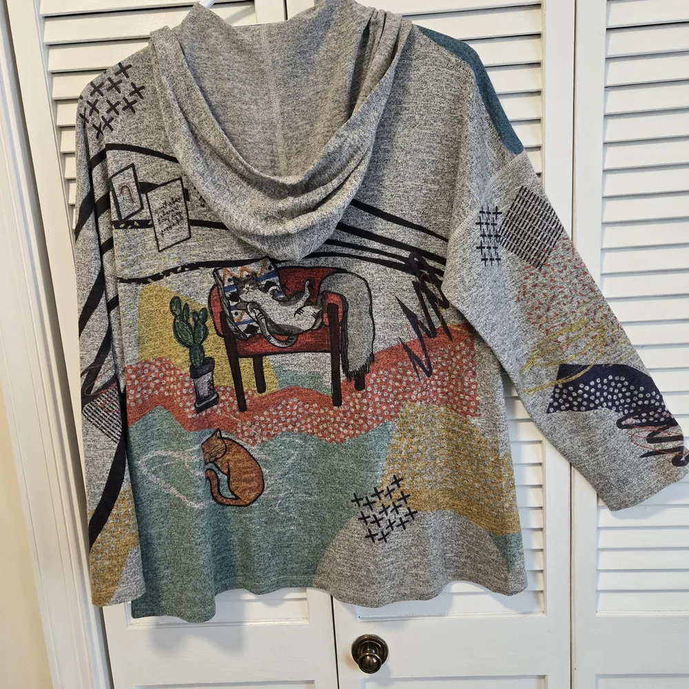 Spotted Cat Graphic Hooded Sweater - Tahari? - Gray Multicolor - Picture 4 of 7
